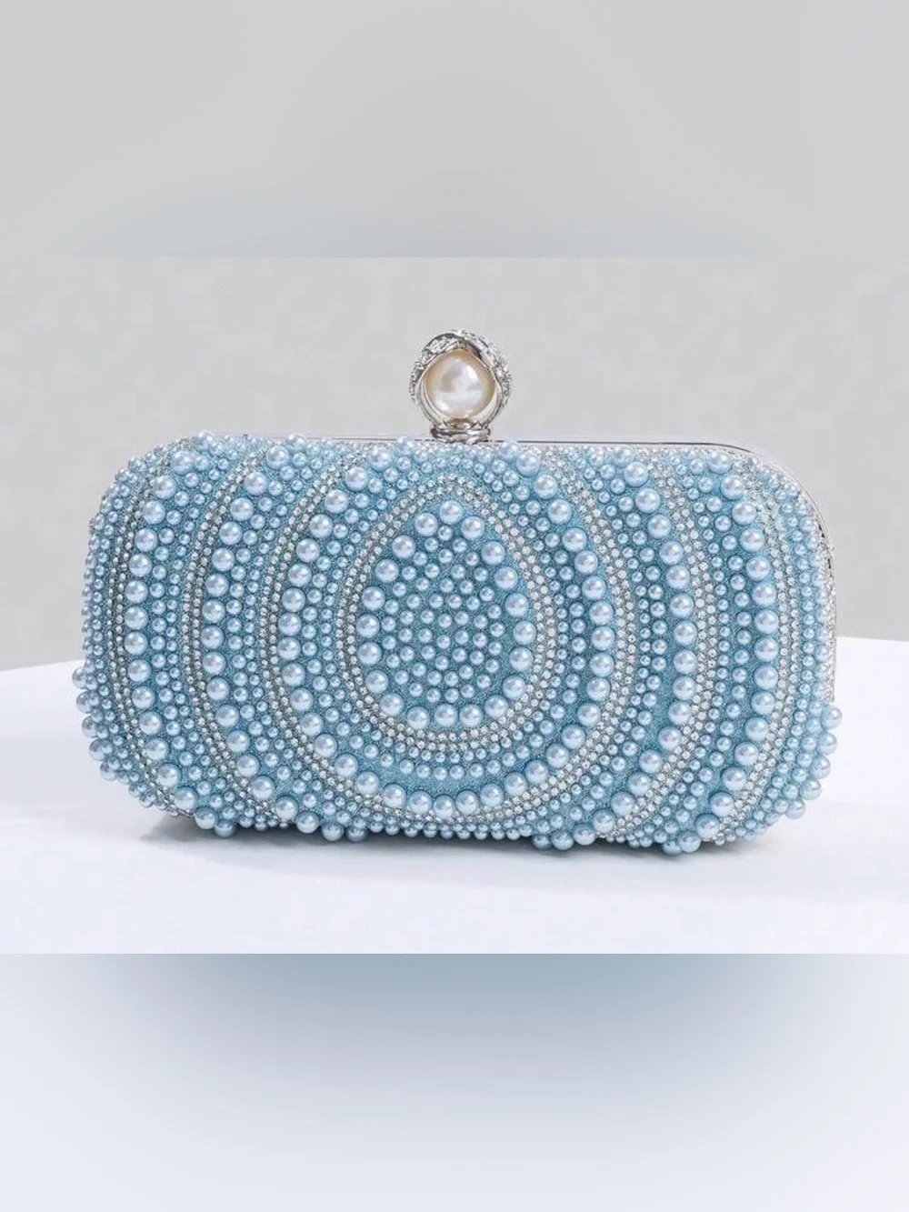 Pearl & Crystal Embellished Clutch - Blue